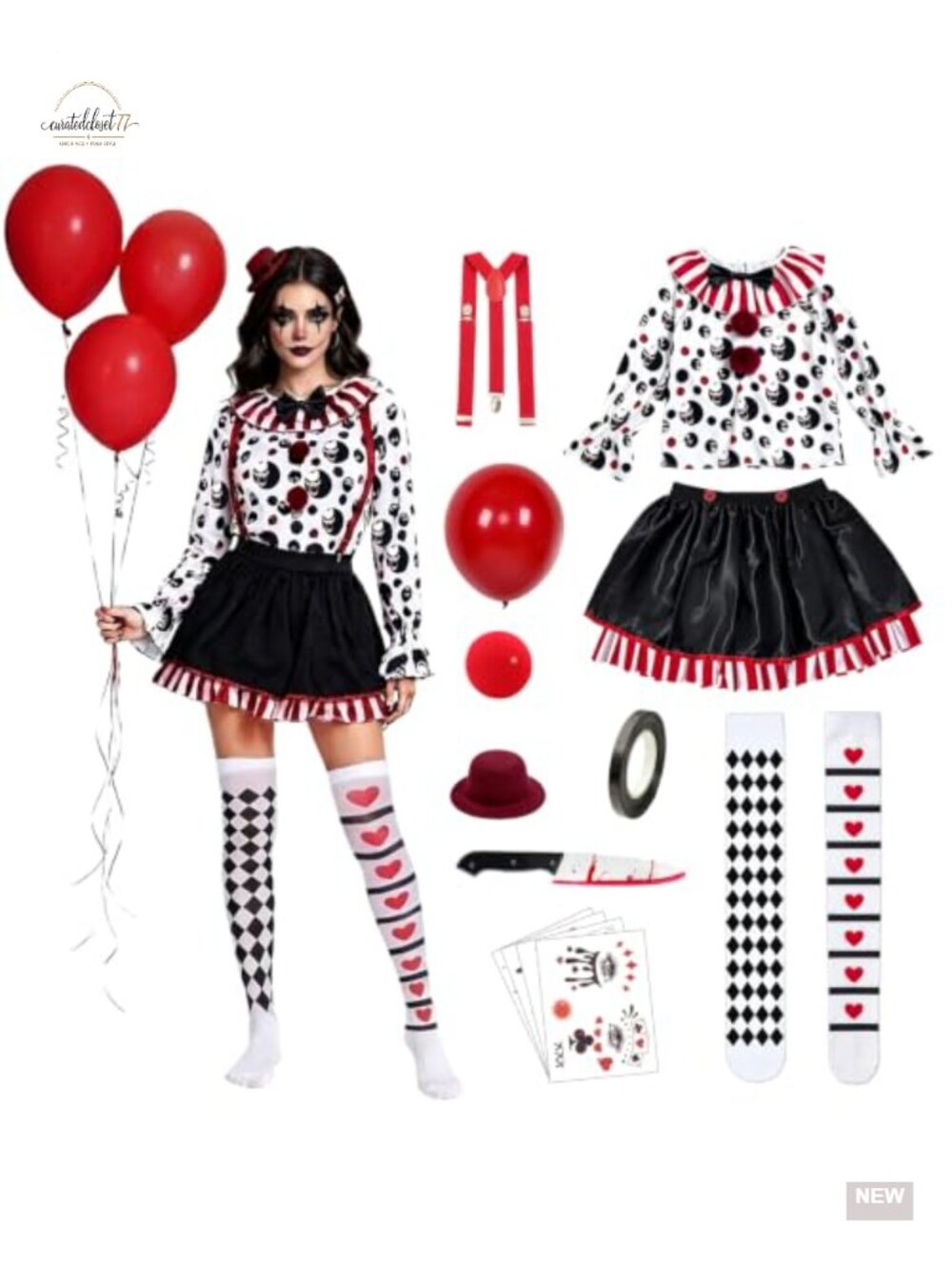 TOLOYE 10 Pc Clown Costume Set Women Adult Halloween Cosplay Outfit